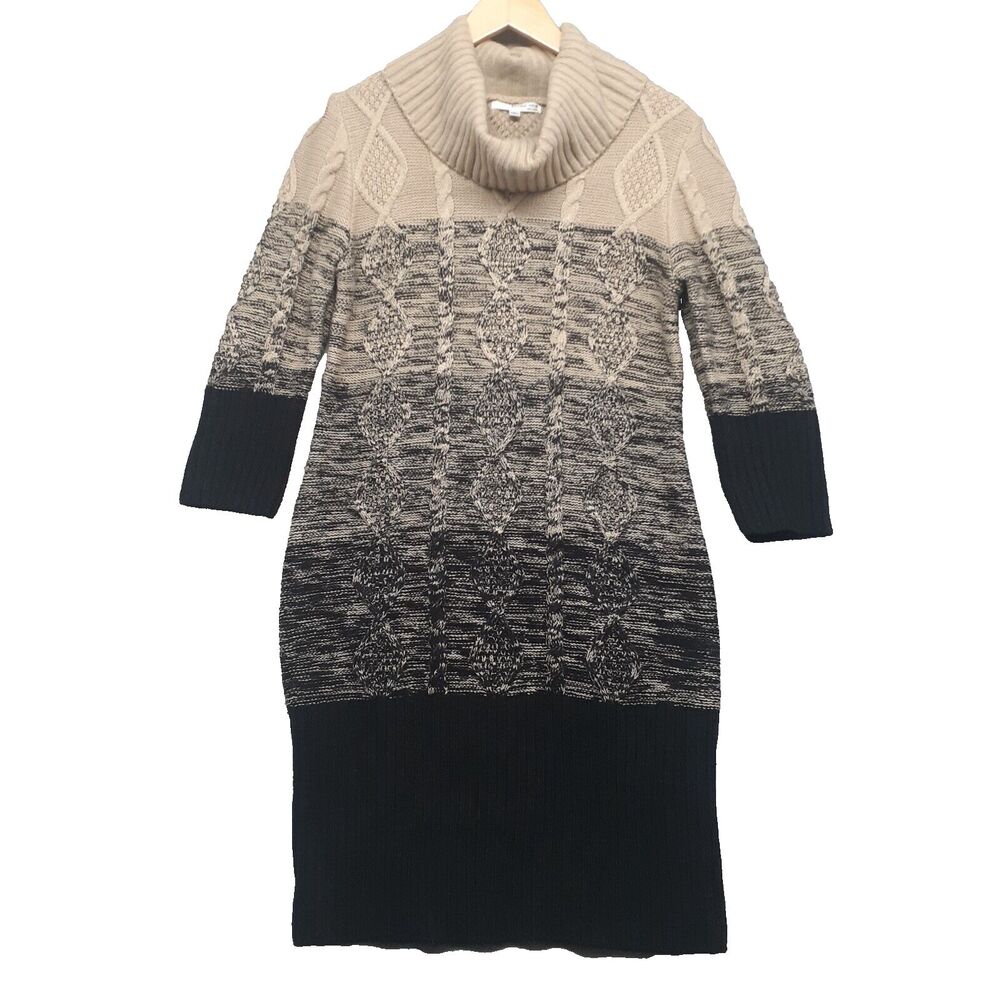 Studio One Women Sz L Cowl Neck 3/4 Sleeve Sweater Dress Cream Black Striped